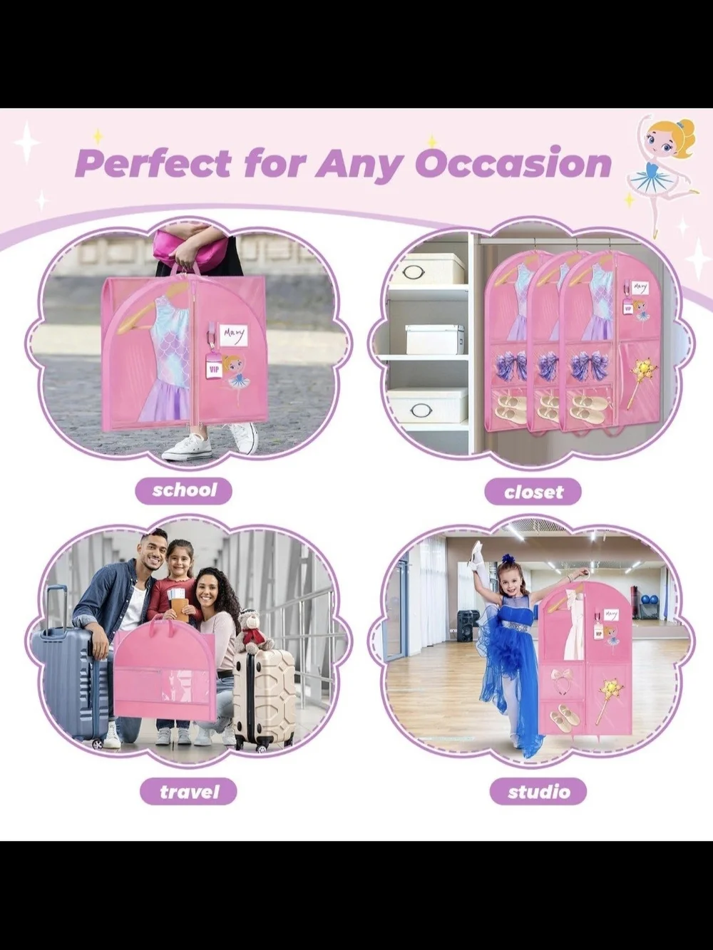 NEW Sishinio Toddlers Kids Pink Ballet Costume Carrying Case Garment Bag Sz 40
